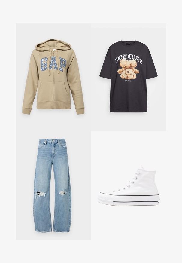 GAP HERITAGE - Majica s kapuljačom - khaki beige; Crna oversized majica s grafikom medvjeda i natpisom "NIJE SLATKO, ALI DIVLJE" u podebljanim, bijelim slovima. Pamuk.; Svijetloplave, visoko-strukirane traperice. Imaju široke nogavice, dva razderana područja na koljenima i klasičan stil s pet džepova.; Bijela visoka platnena tenisica s crnom gumenom potplatom, prednjim gumenim zaštitnikom prstiju i šest rupa za vezanje, s čistim, minimalističkim dizajnom.