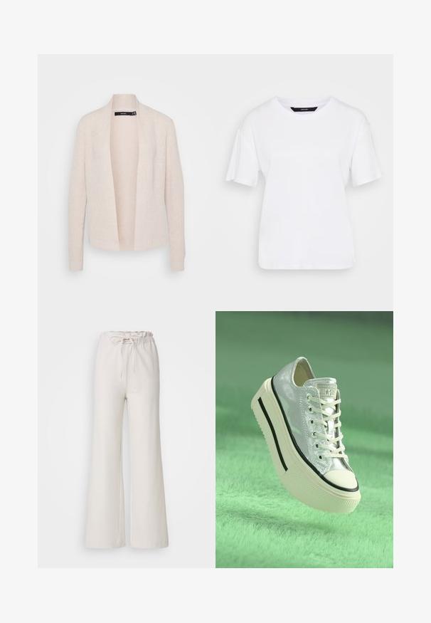 Light beige cardigan, open front design, ribbed texture, long sleeves, and knitted material with a subtle pattern.; White short-sleeve t-shirt made of cotton. Features a round neckline and relaxed fit, with simple design and no visible patterns or accents.; Light beige wide-leg pants with an elastic waistband and adjustable tie. Made of smooth fabric; features a simple, unadorned design.; Metallic silver sneaker with a platform sole, white laces, and black accents. Features a rounded toe and textured rubber outsole.