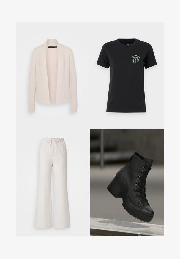 Lys beige cardigan, åpen frontdesign, ribbet tekstur, lange ermer og strikket materiale med et subtilt mønster.; Converse FOREST ART TEE - T-shirts med print - black; Lys beige vide bukser med elastisk talje og justerbar snor. Fremstillet af glat stof; har et enkelt, uudforsket design.; Sorte høyhælte plattformstøvler i svart med teksturert lærfinish, snøring foran og chunky hæl. Har en gummisåle med distinkte mønstre.