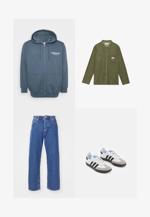 Sweatshirt com fecho éclair em azul escuro. Apresenta um capuz com cordão, dois bolsos frontais e texto de logótipo branco no lado esquerdo do peito. Tecido suave e texturizado.; Camisa de corduroy verde oliva com mangas longas, fecho de botão, dois bolsos no peito e um emblema gráfico de montanha no bolso esquerdo.; Jeans de ganga azuis com um design de perna reta, apresentando fecho de botão e fecho éclair, estilo de cinco bolsos e detalhes de costura mínimos.; Ténis desportivos com um cabedal em pele branca, biqueira em camurça cinza e três riscas pretas. Apresenta um logo azul na língua e uma sola de borracha texturizada.