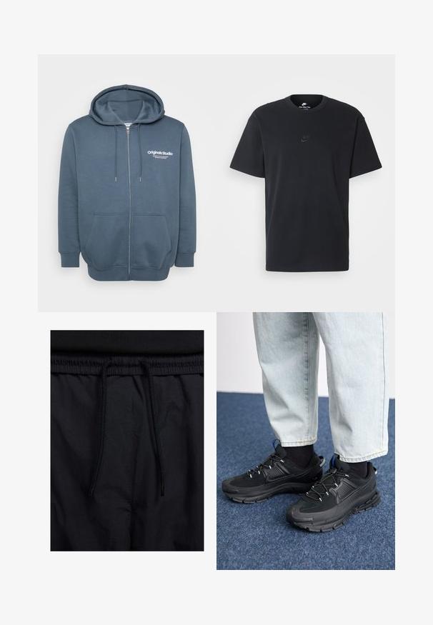 Tumšzils kapuci džemperis ar rāvējslēdzēju. Aprīkots ar regulējamu kapuci, divām priekšējām kabatām un baltu logo tekstu uz kreisās krūts. Mīksta, strukturēta auduma.; Nike melns kokvilnas T-krekls ar klasisku piegriezumu, īsām piedurknēm un smalku, reljefu logotipu uz krūškurvja. Gluda tekstūra.; Melni šorti ar sašūtu jostu, viegls audums ar gludu tekstūru un vienkāršs dizains bez redzamiem logotipiem vai paraugiem.; Melni sporta apavi ar strukturētu audumu un gumijas zoli, ar elastīgām auklām un zilu akcentu uz papēža. Nēsāti ar gaišām džinsu biksēm.
