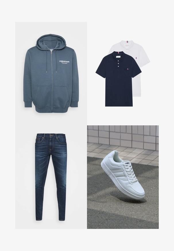 Dámská zipová mikina v tmavě modré barvě. Obsahuje šňůrkovou kapuci, dvě přední kapsy a bílé logo na levé straně hrudi. Měkká, strukturovaná tkanina.; Dvě polo trička: jedno námořnické modré a jedno bílé, obě s malým červeným, bílým a modrým akcentem na kapse a límci.; Tmavě modré džíny z denimu s úzkým střihem, jemným vyblednutím, pěti kapsami a kovovým zapínáním na knoflík. Šité akcenty v kontrastní barvě.; Bílé sportovní tenisky s hladkým koženým svrškem, šněrovacím předním dílem, perforovanou špičkou a vzorovanou podrážkou. Minimalistický design se třemi bočními pruhy.