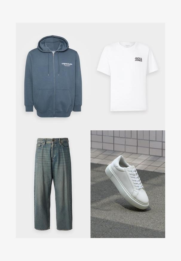 Zadrgana kapuca v temno modri barvi. Ima kapuco s vrvico, dva sprednja žepa in belo logotipno besedilo na levem prsnem delu. Mehka, teksturirana tkanina.; Bela bombažna majica, kratki rokavi, okrogla izreza. Na levi strani prsnega dela se nahaja črn logotip "JACK & JONES". Preprost, enostaven dizajn.; Svetlomoderne kavbojke z ohlapnim krojem, srednjim pasom in ravnimi nogami. Imajo pet žepov, zanke za pas in zapiranje na gumb.; Bela usnjena teniska obutev z gladko površino, okroglo konico in ravnimi belimi vezalkami. Ima teksturiran gumijast podplat in minimalne oblikovalske elemente.