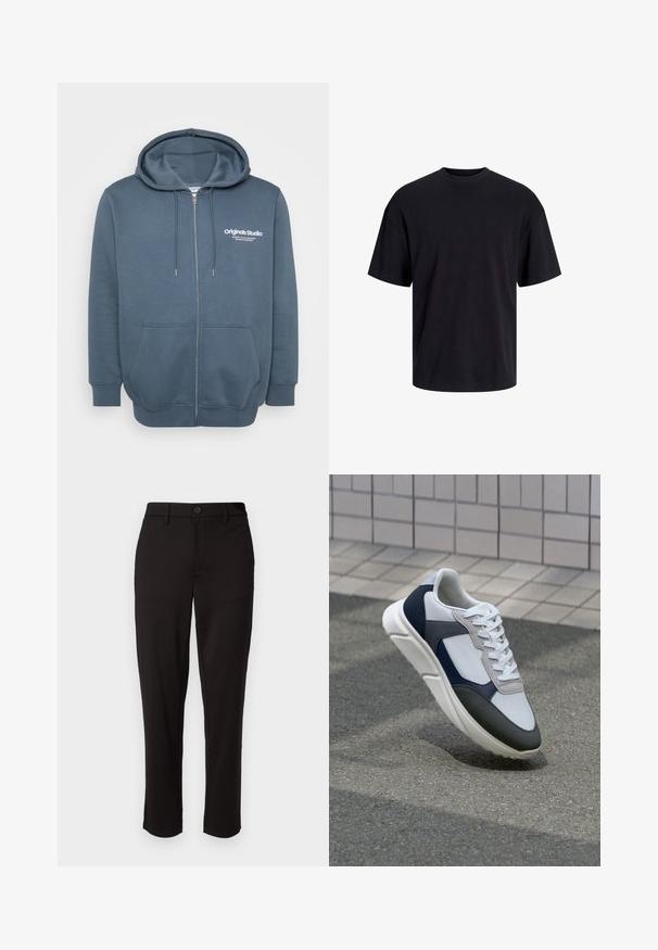 Tume sinine tõmblukuga kapuutsiga sviiter. Omab reguleeritavat kapuutsi, kahte eesmist taskut ning valget logo teksti vasakul rinnal. Pehme, tekstureeritud kangas.; Must must on mustre, lühikeste varrukatega ja vabalt langev. Sile tekstuur ja ilma nähtavate mustrite või aktsentideta.; Mustad mustad kerge kangaga püksid, sirge säärega, ees nupuga sulgemisega, vöökoha silmadega ja küljetaskutega.; Valge, mereväe sinine ja hall spordijalats, millel on segatud materjalide disain, tekstureeritud ülemine osa, lame pael ja pehme talla.