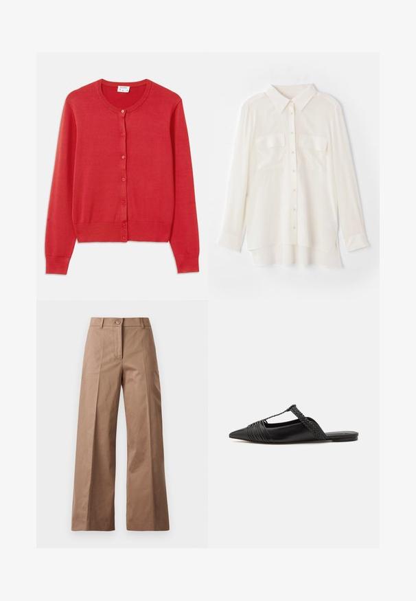 Crvena kardigan od mekog, laganog pletivnog materijala. Ima okrugli izrez, duge rukave i šest dugmadi duž prednje strane.; Bijela košulja s dugim rukavima od lagane tkanine. Ima klasičnu kragnu, dva džepa na prsima i blago duži stražnji rub.; Smeđe hlače širokih nogavica od glatkog materijala, s prednjim zatvaračem na dugme, dvjema prednjim džepovima i čistim, oblikovanim linijama.; Crne kožne cipele s remenom oko pete i šiljastim vrhom, s pletenim naglaskom i nabranim gornjim dijelom. Ravni đon s minimalnim hardverom.