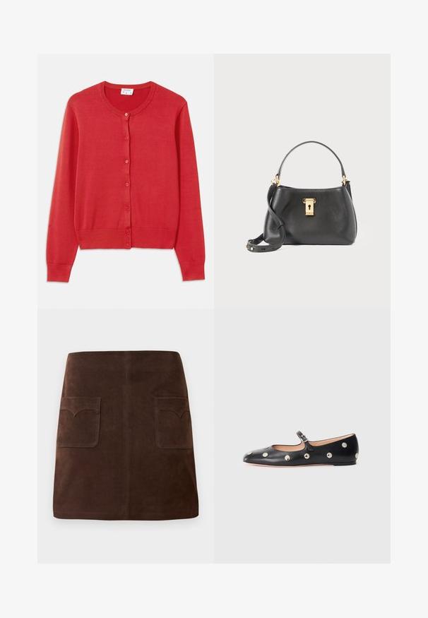 Red cardigan made of soft, lightweight knit fabric. Features a round neckline, long sleeves, and six buttons down the front.; White long-sleeve shirt with a fitted design. Features a large collar, front button closure with brown buttons, and a small embroidered logo.; Brown suede skirt featuring a classic A-line shape, two front pockets with rounded flaps, and subtle stitching details.; Black leather Mary Jane flat shoe with a rounded toe, featuring silver circular studs and an adjustable strap with a buckle.; Black leather handbag with a textured finish, featuring a gold lock closure, short handle, and a detachable shoulder strap.