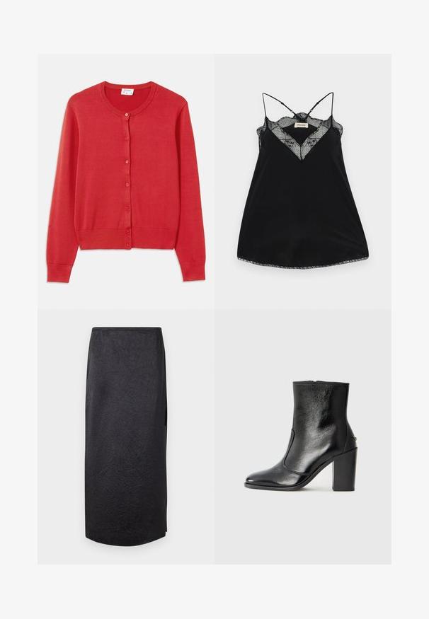 Raudonas kardiganas, pagamintas iš minkštos, lengvos trikotažo medžiagos. Pasižymi apvaliu kaklu, ilgomis rankovėmis ir šešiais mygtukais priekyje.; Juodas camisole'as su reguliuojamomis petnešėlėmis, pasižymintis nėriniuota iškirpte ir bangos formos kraštais. Lygus audinys su šiek tiek blizgesio.; Juoda midi sijonas su suplėšyta tekstūra, tiesaus kirpimo ir šoniniu plyšiu. Medžiaga atrodo lengva. Hemas šiek tiek užapvalintas.; Juodas odinis kulkšninis batas su lygiu paviršiumi, smailiu pirštu ir masyviu aukštu kulnu. Savybė - šoninis atidarymas ir minimalistiškas dizainas.
