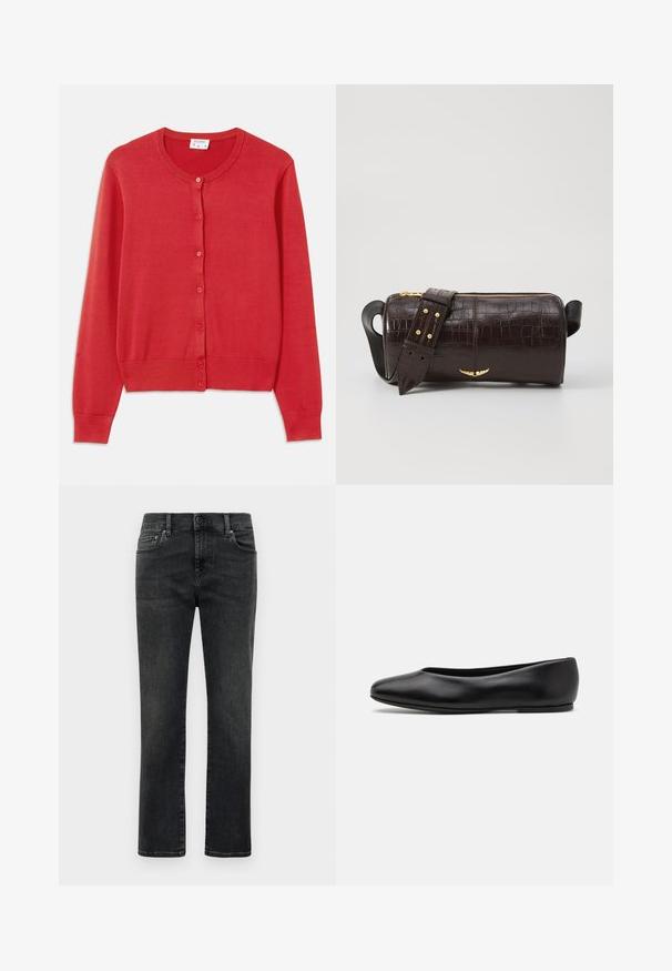 Rote Strickjacke aus weichem, leichtem Strickstoff. Mit Rundhalsausschnitt, langen Ärmeln und sechs Knöpfen auf der Vorderseite.; Weißes Langarmshirt mit Rundhalsausschnitt und kleinem "Tiger of Sweden"-Label am Ausschnitt vor einfarbigem Hintergrund.; Herren schwarze, ausgefranste Jeans im geraden Schnitt mit vorderem Knopf und Five-Pocket-Design auf weißem Hintergrund.; Paul Smith TOPANGA - Klassischer Ballerina - black; Braune, krokodilgeprägte Lederhandtasche mit zylindrischer Form, goldfarbener Hardware und einem abnehmbaren Tragegurt mit Nieten.