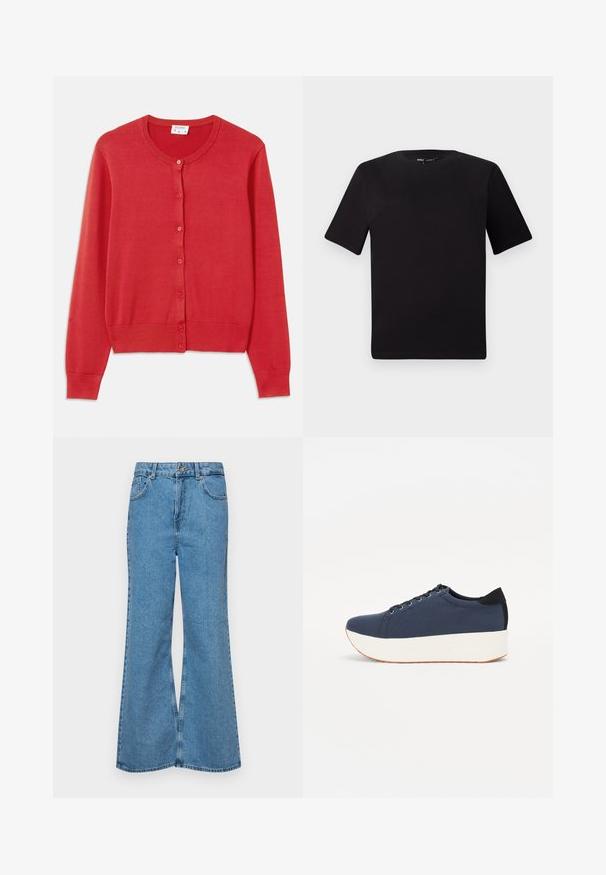 Red cardigan made of soft, lightweight knit fabric. Features a round neckline, long sleeves, and six buttons down the front.; Black short-sleeve t-shirt with a round neckline, crafted from soft cotton fabric. Simple design, no visible logos or patterns.; Light blue flared jeans made of denim, featuring a high waist, five pockets, and a single button closure. Soft texture with faded finish.; Navy blue sneaker with a textured fabric upper, white platform sole, rounded toe, and black heel accent. Features six eyelets for laces.