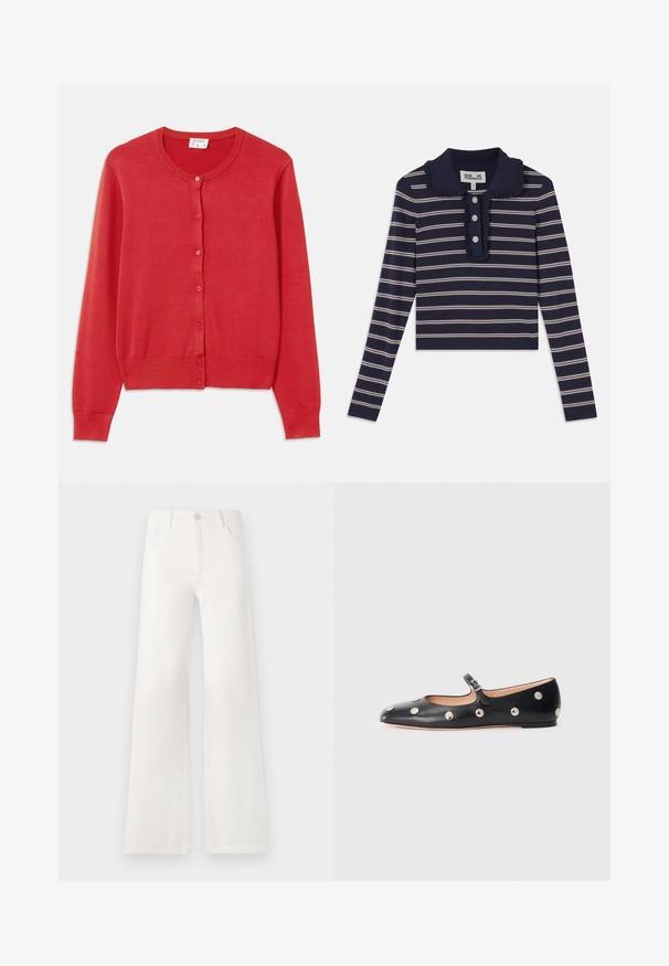 Cárdigan rojo hecho de un suave y ligero tejido de punto. Presenta un escote redondo, mangas largas y seis botones en la parte delantera.; Camisa de manga larga azul marino con rayas horizontales rosas, cuello con volantes y tapeta de tres botones en la parte delantera; fabricada con un material suave y elástico.; Jeans blancos de tiro alto y pierna ancha, confeccionados en denim. Cuentan con un cierre de botón, dos bolsillos frontales y costuras con detalles en las costuras laterales.; Zapato plano tipo Mary Jane de cuero negro con punta redonda, adornado con tachuelas circulares plateadas y una correa ajustable con hebilla.