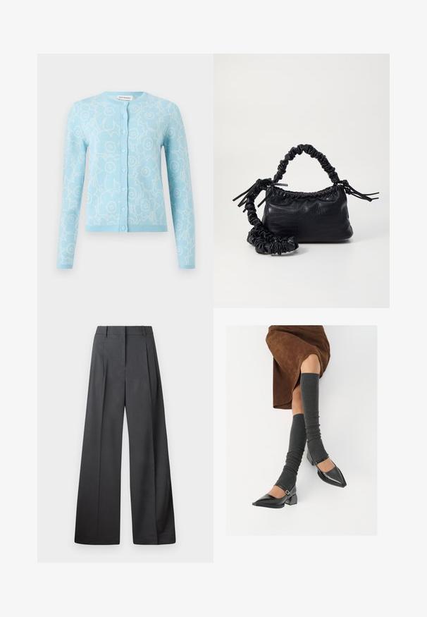 Svetlo modra jopica s belim cvetličnim vzorcem, dolgi rokavi, okrogla izrezana ovratnica, sprednje zapiranje na gumbe ter rebrast rob in manšete.; Bela srajca z gumbki, narejena iz gladkega bombaža, s klasičnim ovratnikom, dolgimi rokavi in ukrivljenim robom. Gumbi so majhni in beli.; Široke hlače iz temno sive tkanine, z visokim pasom, enim pregibom ter gladko teksturo z čisto obrobo na robovih.; Črne lakirane čevlje s pointy prsti in blok peto ter z naramnicami za gleženj, ki jih kombiniramo s sivimi rebrastimi nogavicami in rjavim suknjičem iz usnja.; Črna torbica iz umetnega usnja s krokodilovo teksturo, z zvitim vrhom in zmečkano naramico. Zdi se mehka in kompaktna v oblikovanju.