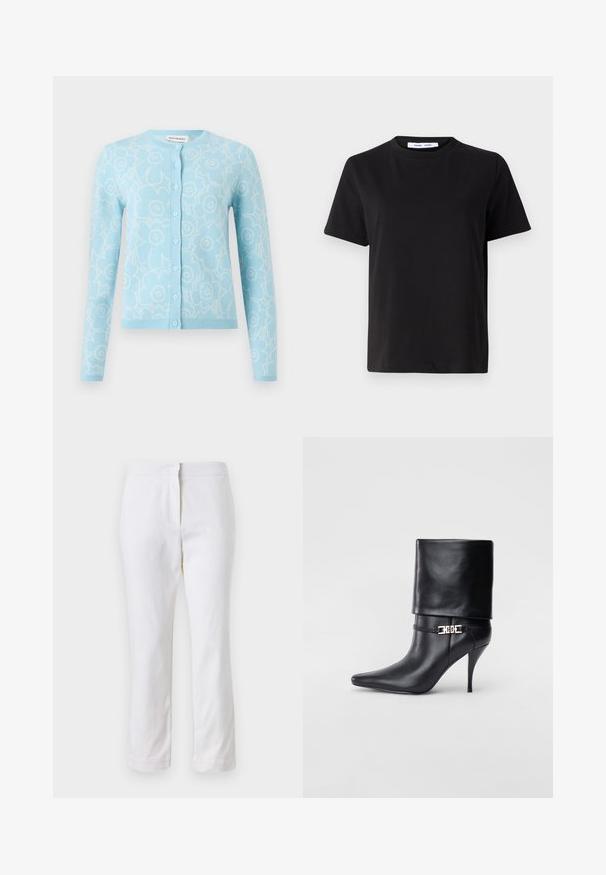 Világoskék kardigán fehér virágmintával, hosszú ujjú, kerek nyakkal, elöl gombos záródással, valamint bordás szegéllyel és mandzsettával.; Fekete, rövid ujjú póló, puha pamutból készült, kerek nyakkivágással, laza szabással és sima textúrával. Nincs látható minta vagy grafikák.; Fehér pamut nadrág egyenes lábformával, közepes derékkal, látható fémrészek vagy minták nélkül. Sima textúra az egész anyagon.; Fekete bőr bokacsizma hegyes orral, magas stiletto sarokkal, hajtott szegéllyel és arany díszcsattal a bokán.