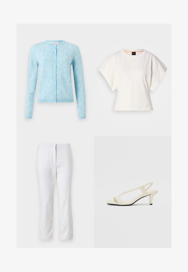 Šviesiai mėlynas kardiganas su baltu gėlių raštu, ilgomis rankovėmis, apvaliu iškirpimu, mygtukų sagtymu priekyje ir su raukšlėtu apvadu ant rankovių bei apačios.; Baltas trumpas marškinėliai, plačios trumpomis rankovėmis, minkšta medvilnė, apvali kaklo iškirptė su subtiliu oranžiniu apvadu, minimalus dizainas, be raštų ar grafikų.; Balti medvilniniai kelnių su tiesiu kojų dizainu, turintys vidutinį liemenį ir be matomų detalių ar raštų. Lygi tekstūra visame paviršiuje.; Kreminės blokų kulno šlepetės su plonomis dirželiais ir kvadratiniu pirštu. Lygus medžiaga su minimaliais akcentais, sukurtos lengvam dėvėjimui.