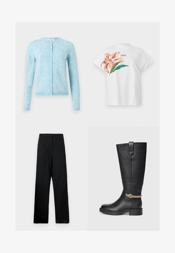 Lyseblå cardigan med hvitt blomster mønster, lange ermer, rund hals, frontknapp lukking, og ribbkant i hem og cuffs.; Hvit bomulls T-skjorte med korte ermer, med et rosa blomstermønster og grønne blader på venstre side. "Guess" logo i grått over designet.; Svarte vide bukser laget av et lett stoff. Har en jevn tekstur, høy livhøyde og minimale sømdetaljer.; Sorte lærkne-høye støvler med en teksturert overflate, prydet med en dekorativ gullkjede aksent og en flat gummisåle.