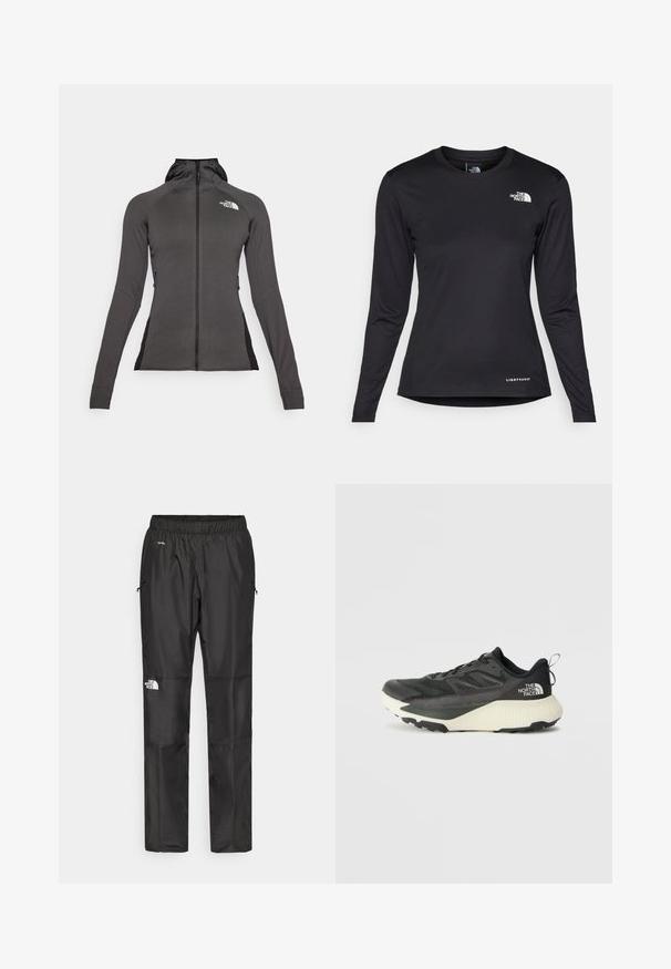 Chaqueta atlética negra con cremallera completa, capucha y un diseño texturizado. Presenta bolsillos laterales con cremallera y paneles negros contrastantes a los lados.; The North Face SHADOW LONG SLEEVE - Camiseta de manga larga - black; Pantalones impermeables negros hechos de un tejido ligero, con una cintura elástica, bolsillos laterales y un logo en la pierna izquierda.; Zapatilla deportiva negra con parte superior texturizada, que presenta acentos grises y una entresuela blanca. Incluye una lengüeta y un logotipo de la marca destacado en el talón.