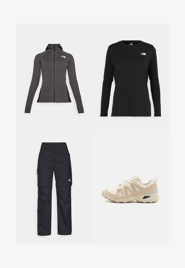 Čierna atletická bunda na zips s kapucňou a textúrovaným dizajnom. Obsahuje bočné zipsové vrecká a kontrastné čierne panely na stranách.; Čierne tričko s dlhým rukávom vyrobené z bavlny s okrúhlym výstrihom. Obsahuje malé biele logo na ľavej strane hrudníka. Jednoduchý dizajn a strih.; Čierne nylonové cargo nohavice s odnímateľnými nohavicami, nastaviteľnými manžetami, viacerými vreckami a logom na pravej nohe. Hladká, ľahká textúra.; Beige a krémová športová obuv s textúrovaným sieťovým zvrškom, podporujúcimi prekrytiami a gumovou podrážkou s dezénom pre trakciu.