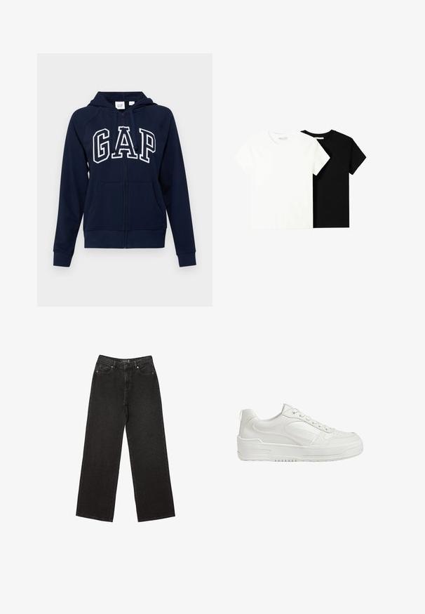 GAP HERITAGE - Mikina so zipsom - navy uniform; Dve tričko s krátkym rukávom, jedno biele a jedno čierne, vyrobené z bavlny. Obe majú okrúhly výstrih a jednoduchý, klasický dizajn.; Čierne široké džínsy vyrobené z denimu, s malými bodkovanými vzormi, klasickým dizajnom s piatimi vreckami a zapínaním na gombík a zips.; Biele kožené tenisky s hladkým povrchom, polstrovaným členkom a perforovanou špičkou. Majú mierne zvýšenú gumovú podrážku a šnurovací dizajn.
