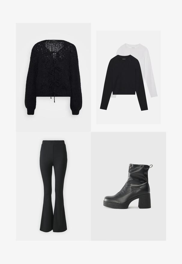 Vero Moda Petite VMALOA BOW CARDIGAN - Casaco de malha - black; Duas camisas de manga longa: uma preta e uma branca. Ambas apresentam um decote redondo, mangas raglan e um tecido macio em mistura de algodão.; Calças pretas de boca de sino feitas de tecido elástico. Apresentam uma cintura alta e um design suave e ajustado que se alarga a partir do joelho para baixo.; Botas de tornozelo pretas feitas de couro liso, com fecho lateral, salto grosso texturizado e design de bico arredondado.