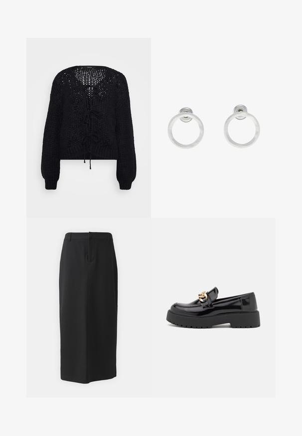 Vero Moda Petite VMALOA BOW CARDIGAN - Jopica - black; Even&Odd Petite 2 PACK - Top - light grey/black; Črna svila krila, dolžine do kolen, izdelana iz gladkega blaga. Ima razporek na hrbtu in stranske žepke, enostaven dizajn in nevtralno barvo.; Črni lakirani usnjeni loafers s debelim črnim podplatom in zlato kovinsko opremo. Gladka tekstura in zasnova zaokroženega nosu.; Srebrni kovinski obročasti uhani z brušenjem, s krožno obliko in prozornim zatičem za varno nošenje.