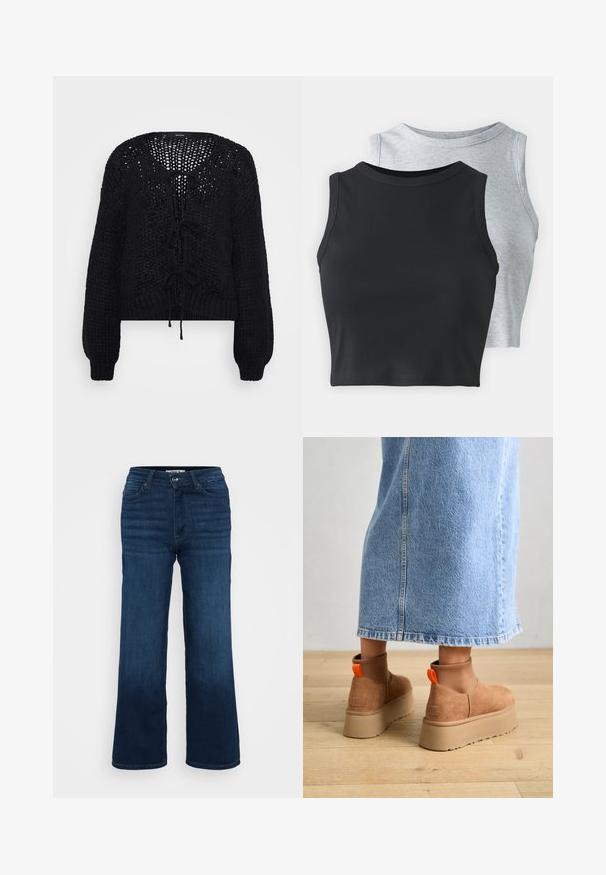 Vero Moda Petite VMALOA BOW CARDIGAN - Cardigan - black; Even&Odd Petite 2 PACK - Top - light grey/black; ONLY Petite ONLMADISON BLUSH WIDE - Wide Leg - dark blue denim; Brown suede platform boots with elastic side panels and orange pull tabs, paired with a knee-length light denim skirt on a wooden floor.