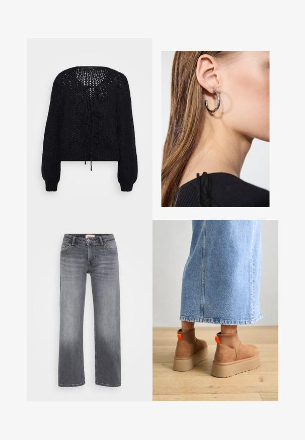 Vero Moda Petite VMALOA BOW CARDIGAN - Adīta jaka - black; Even&Odd Petite 2 PACK - Tops - light grey/black; Pelēki džinsi ar taisnu kāju dizainu, piecu kabatu stils, viegla izbalēšana un pogas aizdare viduklī.; Brūni zamšādas platforma zābaki ar elastīgiem sānu paneļiem un oranžām cilpām, apvienoti ar līdz ceļgaliem garu gaišā denima svārku uz koka grīdas.; Sudraba auskars ar pulētu apdari, ar maziem zelta akcentiem un apaļu formu, uz ausu ļipiņas.