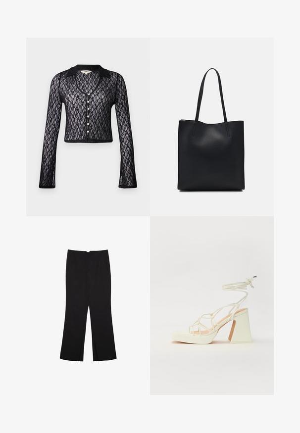 Crna čipkana kardigan sa V-izrezom, dugim rukavima i dugmadi. Ima cvjetni uzorak i čvrsti ovratnik. Skraćeni dizajn.; Pura crna pamučna majica kratkih rukava s okruglim izrezom, prikazana na bijeloj pozadini.; Crne hlače ravnog kroja, s prednjim džepovima i bočnim prorezima na rubu. Izrađene od mekog i glatkog materijala. Pogodne za razne prigode.; Bijela sandala na visokoj potpetici s debelim petom, s remenom i vezanjem oko gležnja. Glatka tekstura s platformom sprijeda za dodatnu visinu.; Crna kožna torba za nošenje s glatkom teksturom, pravokutnim oblikom i dvije duge ručke. Nema vidljivih metalnih dijelova ili ukrasa.