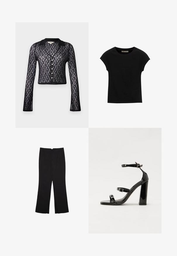 Čierny čipkový kardigán s výstrihom do V, dlhými rukávmi a zapínaním na gombíky. Funkcie kvetinového vzoru a jednofarebného lemovania goliera. Krátky strih.; Čierne tričko s krátkym rukávom vyrobené z mäkkého materiálu, s okrúhlym výstrihom a voľným strihom, s hladkou textúrou a bez vzorov.; Čierne nohavice so strihom rovného strihu, s prednými vreckami a bočnými rozparkami na leme. Vyrobené z mäkkej, hladkej tkaniny. Vhodné na rôzne príležitosti.; Čierne lakované sandále na podpätku so štvorcovou špičkou, navlečenými remienkami okolo členku a striebornými prackami. Disponujú masívnym blokovým podpätkom pre stabilitu.