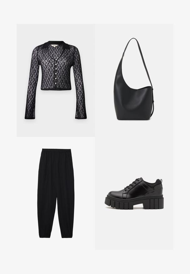 Juodas nėriniuotas kardiganas su V formos iškirpte, ilgomis rankovėmis ir mygtukų uždarymu. Yra gėlių raštas ir vientisas apykaklės apvadas. Trumpas modelis.; Juodas medvilninis marškinėliai su trumpomis rankovėmis, virš baltos ilgo rankovio sluoksnio, turinčio subtilų tekstūrinį raštą. Apvalus iškirpimas.; Juodi, lengvi kelnių su elastinga juosmens juosta ir surinktais kulkšniais. Audinys yra lygus ir turi atsipalaidavusį, siaurėjantį dizainą.; Juodi odiniai platformos batai su masyviu blokuota kulniuku, apvalia nosimi ir tradiciniu šnypštimo dizainu. Turintys glotnų paviršių ir minimalų dekoravimą.; Juodas odinis hobo maišas su lygiu paviršiumi, kreipta forma ir viena reguliuojama rankena; turi platų atidarymą viršuje.