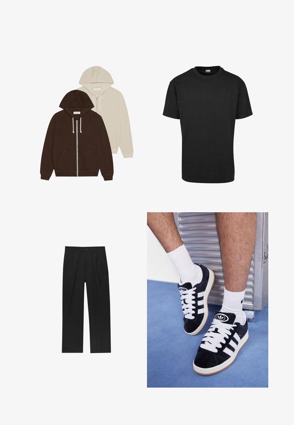 Pier One 2 PACK - Felpa con zip - dark brown, off-white; Maglietta nera in cotone con colletto rotondo, maniche corte e orlo dritto. Texture liscia; design semplice e privo di decorazioni.; Pantaloni neri con un design a gamba dritta, realizzati in un tessuto liscio. Presentano pieghe frontali e una chiusura a un bottone in vita.; Sneakers in suede nero con lacci bianchi e tre strisce bianche. Presentano un logo circolare nero sulla linguetta e una suola in gomma color gomma.