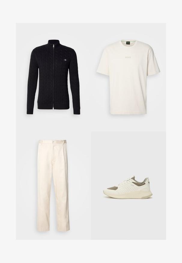 Sweater preto tricotado com fecho, apresentando um padrão de trançado, punhos e colarinho canelados. Detalhe em prata no fecho e pequeno logotipo no peito.; BOSS TEE - T-shirt básica - open white; Calças de algodão bege com corte reto, apresentando um fecho de botão e pregas na frente para um detalhe adicional.; Sapatilha atlética branca e bege claro, com parte superior em malha, detalhes perfurados e uma entressola texturizada com marcação no calcanhar.