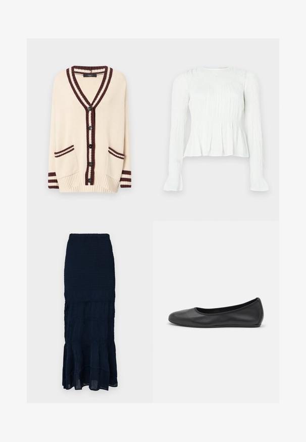 Kreemist kardiganist sügava V-kaelusega, tumepunase triibulise ääre ja kuue musta nööbiga. Omab kahte eesmist taskut ja ribatud varrukaotsasid.; Valge pika varrukaga pluus, millel on kogutud kangast detailid, smockitud kehaosa ja lahviva äärega mansetid tavalise tausta peal.; Tumesinine, kubemega midi seelik, millel on kihiline, voltidega äär ja tekstureeritud kangas. Elastne vöökoht reguleeritava istuvuse jaoks.; Musthave mustika tantsutossud mustast nahast, ümmarguse varbaga, siledast tekstuurist, minimaalse õmblusdetailiga ja paindliku tallakujundusega.