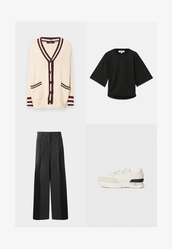 Kremfarget cardigan med dyp V-hals, mørkerød stripebånd og seks svarte knapper. Har to frontlommer og ribbestrikkede mansjetter.; Svart t-skjorte med korte ermer laget av myk bomull, med rund halslinning og en avslappet passform med en subtil rynke detalj på siden.; Sorte vidde bukser med høy midje, med frontfolder, en glatt tekstur og en skreddersydd finish. Designet for en avslappet passform.; Hvite sneakers med en teksturert ser ut som en suede tåhette, glatt mesh-overdel, dekorative snørebånd og en svart gummihælaccent.
