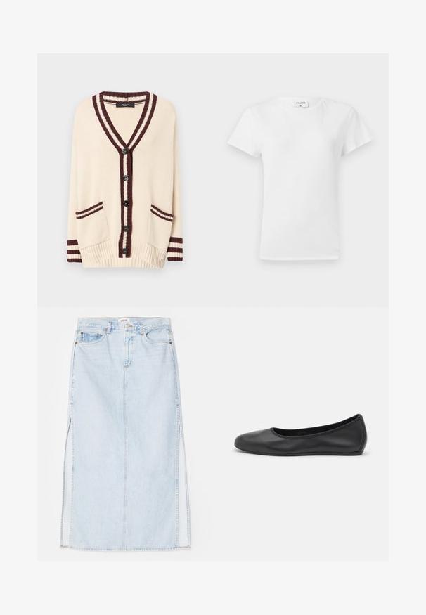 Kreminė megztinė su giliu V formos iškirpimu, tamsiai raudonais dryžiais ir šešiais juodais mygtukais. Turtingoje savybėje yra dvi priekinės kišenės ir tamsiai apipjaustyti rankovės kraštai.; Baltos medvilnės T-marškinius su apvalia iškirpte ir trumpomis rankovėmis, pasižyminčiais laisvu krovu ir minimalizmo dizainu. Etiketė matoma prie kaklo.; Šviesiai mėlynas džinsinis maksi sijonas su tiesiu kirpimu, su šoninėmis išpjovomis ir penkių kišenių dizainu. Išryškintas siuvinėjimas ir metalinė sagtis.; Juodai odiniai baletai su apvaliu pirštu, lygi texture, minimalus siuvimo detales ir lanksčiu padų dizainu.