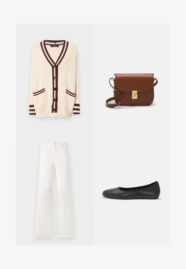 Kermavaippo, jossa on syvä V-pääntie, tummanpunaiset raidat reunoilla ja kuusi mustaa nappia. Varustettu kahdella etutaskulla ja resorihihansuilla.; Valkoinen lyhythihainen t-paita, joka on valmistettu ribbytedusta kankaasta. Pyöreä pääntiie, normaali istuvuus ja hienovaraiset ompeluyksityiskohdat. Ei kuvioita tai grafiikkaa.; Valkoiset, korkeavyötäröiset ja leveälahkeiset farkut, jotka on valmistettu denimkankaasta. Ominaisuuksiin kuuluu napp closure, kaksi etutaskua ja sivusaumojen ompeluyksityiskohdat.; Musta nahkainen ballerina, jossa on pyöristetty kärki, sileä pinta, minimaalinen ommelkoristelu ja joustava pohjamuotoilu.; Ruskea nahkainen käsilaukku, jossa on läppäkiinnitys, kultasävyiset yksityiskohdat, olkahihna ja sileä pinta. Kompaktin suorakaiteen muotoinen.