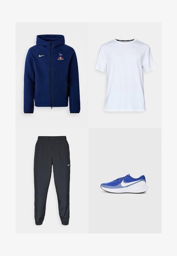 Tumši zila kapucīna jaka ar rāvējslēdzēju, izgatavota no mīkstas auduma, ar melnu rāvējslēdzēju, Nike logo dzeltenā krāsā un izšūtu emblēmu uz krūšu.; Balta īsām piedurknēm t-kreklu, kas izgatavots no gludas auduma. Uz krūšu ir neliels gaiši zils logo, kā arī melns etiķete pie kakla ar uzrakstu "NIKE RUNNING."; Melnas sporta bikses, izgatavotas no viegla auduma, ar elastīgu jostasvietu, potīšu malām un diskretu Nike logo kreisajā pusē.; Zili sporta apavi ar elpojošu acu augšdaļu, baltu swoosh logotipu un melnu gumijas zoli. Pamalots zole ērtībai.