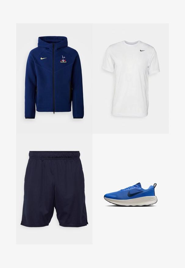 Sudadera con cremallera en azul marino hecha de tela suave, con una cremallera negra, el logo de Nike en amarillo y un emblema bordado en el pecho.; Camiseta blanca de manga corta hecha de tela suave. Presenta un cuello redondo y un pequeño logo negro de Nike en el pecho izquierdo.; Pantalones cortos deportivos en color azul marino con una cinturilla elástica, fabricados con material transpirable. Presentan aberturas laterales en el dobladillo para mejorar la movilidad.; Zapatilla deportiva azul con una parte superior transpirable texturizada, entresuela blanca, acentos negros y suela de goma. Presenta un cierre con cordones.