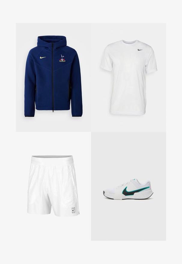 Felpa con zip blu navy realizzata in tessuto morbido, con zip nera, logo Nike giallo ed emblema ricamato sul petto.; T-shirt bianco a maniche corte in tessuto morbido. Presenta un collo rotondo e un piccolo logo Nike nero sul lato sinistro del petto.; Pantaloni sportivi bianchi realizzati in tessuto leggero con vita elastica, dotati di due tasche laterali e un piccolo logo nero sull'orlo.; Scarpa da ginnastica bianca con tomaia in rete testurizzata, suola in gomma nera e accento teal del logo Nike. Presenta lacci e colletto imbottito.