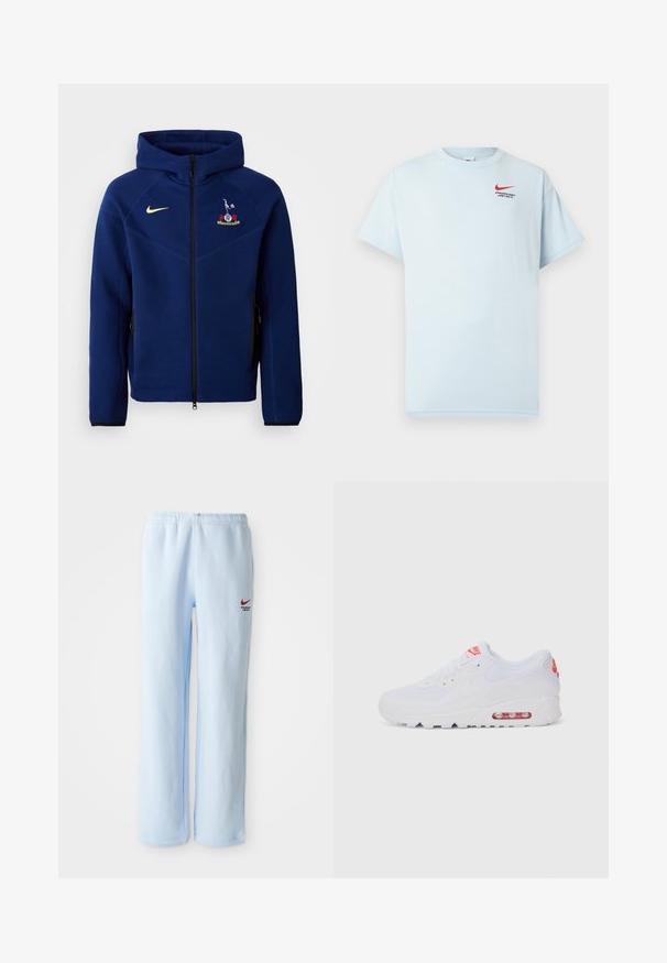 Tummansininen vetoketjuhuppari, joka on valmistettu pehmeästä kankaasta. Hupparissa on musta vetoketju, keltainen Nike-logo ja brodeerattu emblem rintakehässä.; Vaaleansininen puuvillapaita, jossa on lyhyet hihat, pyöreä kaula-aukko ja punainen Nike-swoosh-logo. Teksti kuului "ATLETISET OSASTO. TEKEMÄTTÄ."; Vaaleansiniset verkkarit, joissa on elastinen vyötärö, pieni punainen Nike-logo ja "Athletic Department" -teksti. Pehmeää puuvillamateriaalia.; Valkoinen urheilujalkine, jossa on sileä päällinen, nauhakiinnitys, pehmustettu pohja ja näkyvä ilmayksikkö, jossa on punaisia yksityiskohtia brändissä.