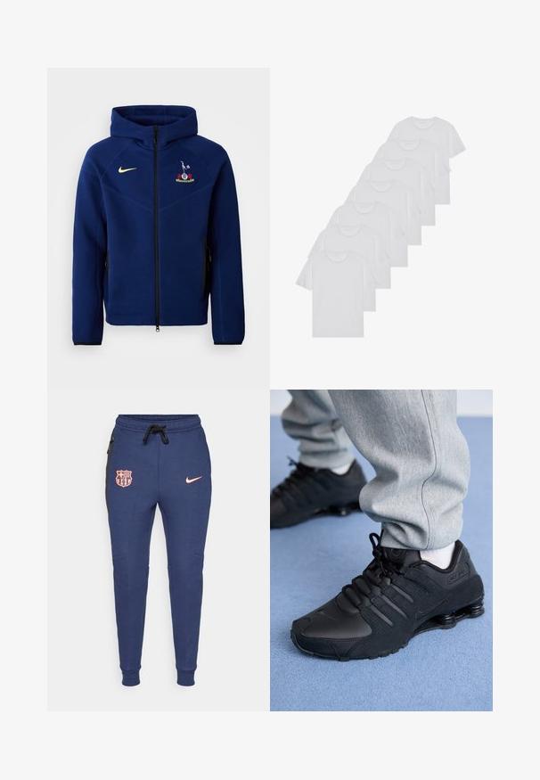 Donkerblauwe zip-up hoodie gemaakt van zacht materiaal, met een zwarte rits, het Nike-logo in geel en een geborduurd embleem op de borst.; Witte katoenen T-shirts, korte mouwen, ronde halsontwerp, eenvoudige textuur, gestapeld in een rij, met subtiele branding bij de hals.; Marineblauwe joggingbroek met elastische boorden, voorzien van een roze logo en het Barcelona-wapen, zijvakken en zwarte zijpanelen accenten.; Persoon in zwarte Nike Shox sneakers en een grijze joggingbroek staand op een lichtblauw tapijt.