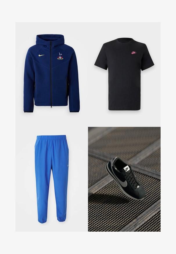 Felpa con zip blu navy realizzata in tessuto morbido, con zip nera, logo Nike giallo ed emblema ricamato sul petto.; T-shirt in cotone nero con scollatura tonda e maniche corte. Presenta un logo Nike rosa sulla parte superiore sinistra. Texture liscia.; Pantaloni sportivi blu con cintura elastica, design a gamba dritta e polsini affusolati. Presenta il logo Nike in oro sul lato sinistro.; Sneaker Nike nera con accenti grigi, materiali in suede e mesh, suola testurizzata, forma affusolata e design classico con lacci.