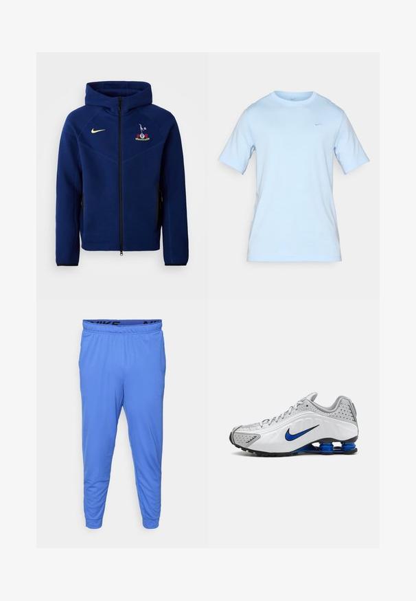 Námorně modrá mikina na zip vyrobená z měkkého materiálu, s černým zipem, žlutým logem Nike a vyšitým emblémem na hrudi.; Světle modré bavlněné tričko s kulatým výstřihem a krátkými rukávy. Obsahuje malé vyšitý logo v mírně tmavší modré barvě. Minimalistický design.; Pánské modré sportovní kalhoty vyrobené z lehké látky, s elastickým pasem s černým logem a zúženými manžetami u kotníků.; Běžecká obuv Nike s bílým a šedým svrškem, modrými akcenty, perforovanými detaily, polstrovanou podrážkou a charakteristickým systémem pružin Shox.