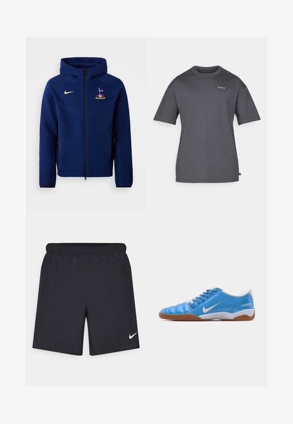Navyblauer Reißverschluss-Hoodie aus weichem Stoff, mit einem schwarzen Reißverschluss, Nike-Logo in Gelb und einem gestickten Wappen auf der Brust.; Dunkelgraues Kurzarm-T-Shirt mit Rundhalsausschnitt, versehen mit dem kleinen "BARÇA"-Text und dem Nike-Swoosh-Logo auf der oberen linken Brust.; Schwarze sportliche Shorts aus leichtem Material mit einem elastischen Bund. Auf der unteren linken Seite befindet sich ein kleines weißes Nike-Logo.; Blaue Sport Schuhe mit einem glatten synthetischen Obermaterial, weißen Akzenten und einer Gummisohle; ausgestattet mit Schnürsenkeln und einer Markenkennzeichnung an der Seite.