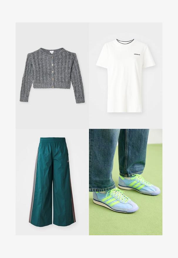 Pilkas mėgztas kardiganas, su raukšlėta tekstūra, trumpu ilgiu, apvaliu iškirpimu ir auksiniais mygtukais priekyje.; Balta medvilnė marškinėliai su trumpomis rankovėmis ir apvalia iškirpte. Ant krūtinės yra juodas Adidas logotipas, o vidinė apykaklė yra kontrastinga juoda.; Žalios plačios kelnės su elastinga juosta, su išsegamomis rožinėmis ir baltomis juostelėmis šonuose, pagamintos iš lengvos medžiagos.; Šviesiai mėlyni sportiniai bateliai su žaliais akcentais, pagaminti iš zomšos ir sintetinės medžiagos, su trimis juostelėmis ir tekstūruotu padu. Derinami su laisvais džinsais.