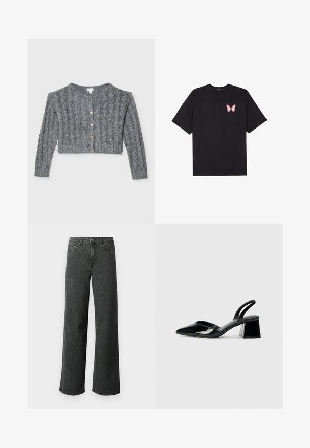 Pelēka adīta veidne ar ribotu tekstūru, īsu garumu, apaļu kakla līniju un zeltītām pogām priekšpusē.; Melna kokvilnas T-krekls ar īsām piedurknēm, kuram priekšā kreisajā pusē ir neliels rozā tauriņa grafiskais attēls. Ar apaļu kaklu un brīvā stila piegriezumu.; Plaša kāju džinsi tumši pelēkā denimā, ar vieglu zebra rakstu tekstūru, kontrastējošām šuvēm un piecu kabatu dizainu ar pogu aizdari.; Melna lakota āda ar atvērto papēdi, ar smailu purngalu un ģeometrisku blokpapēdi. Iezīmējas elegants, minimāls dizains un gluda tekstūra.