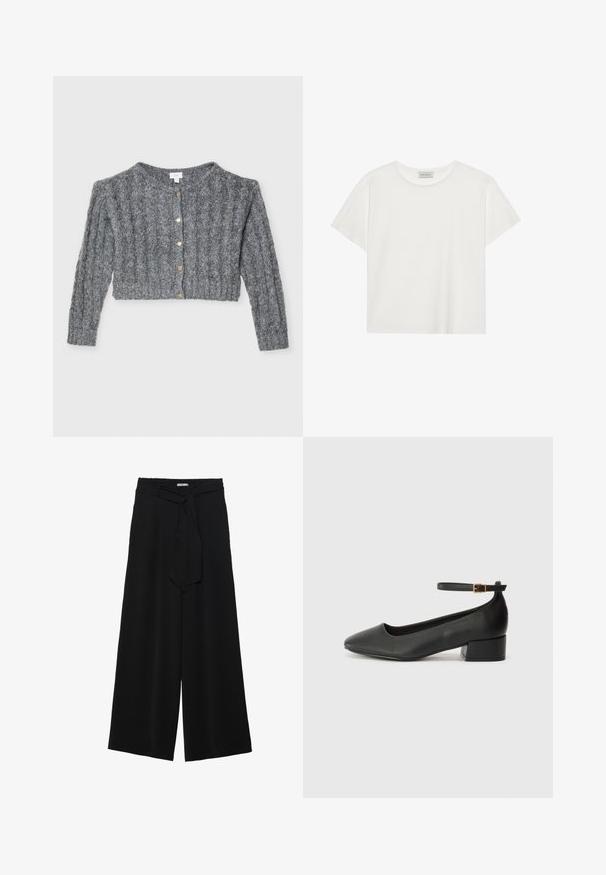 Hallide halli kudum, millel on soonikstruktuur, lühike pikkus, ümmargune kaelus ja kuldsed nööbid ees.; Valge lühikeste varrukatega t-särk, mis on valmistatud pehmest puuvillast. Omab ümmargust kaelust ja mugavat lõiget. Puhtad jooned, ilma nähtavate mustrite või aktsentideta.; Mustad laiad püksid, millel on tekstureeritud kangas, elastne vöökoht ja eemaldatav pael vööst, et reguleerida sobivust.; Must mustaapp, millel on terav nina ja madal blokk-kand. Omab pahkluu rihma koos kuldse tooni pandlaga. Sile tekstuur.