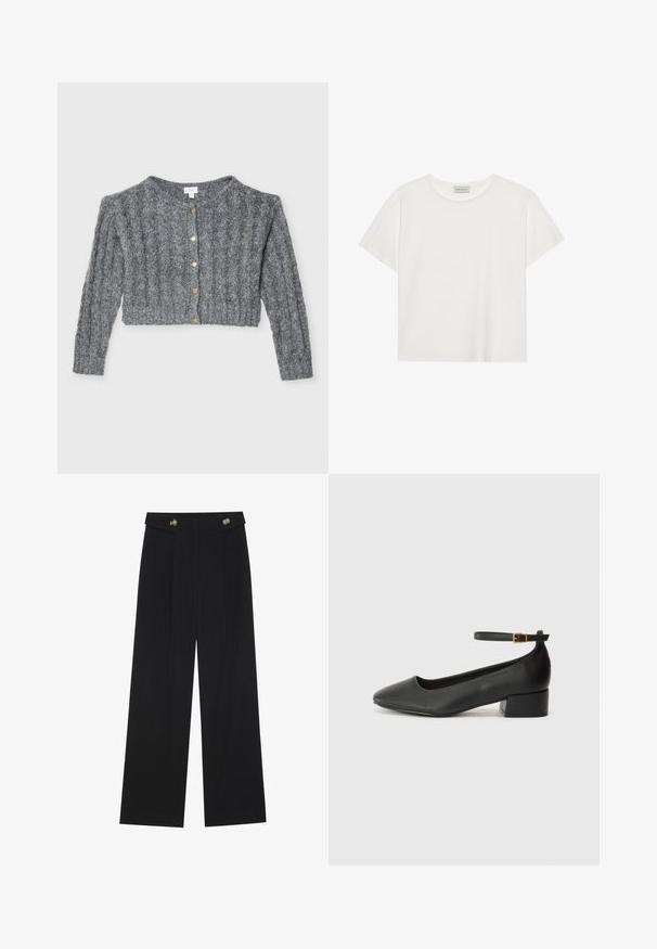 Cardigan cinza tricotado com textura canelada, comprimento cropped, decote redondo e botões dourados na frente.; T-shirt branca de manga curta feita de algodão macio. Apresenta um decote redondo e um corte descontraído. Design limpo sem padrões ou detalhes visíveis.; Calças largas pretas com cintura alta, detalhes em botão na cintura e pregas frontais.; Sandal de pele preta com bico pontiagudo e um salto bloco baixo. Apresenta uma tira no tornozelo com uma fivela em tom dourado. Textura suave.