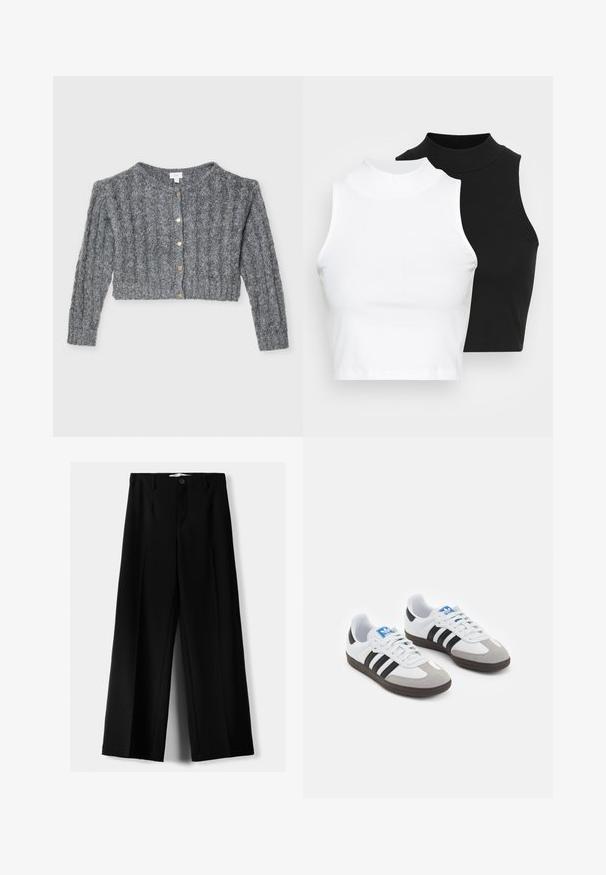 Szürke kötött kardigán bordás textúrával, rövid hosszal, kerek nyakkivágással és arany gombokkal az elején.; Két ujjatlan, bordázott garbós top fekete és fehér színben, testhezálló kialakítással és sima textúrával, rövidített hosszal.; Fekete, bő szárú nadrág, könnyű anyagból, elöl gombos záródással és sima elfröccsenésű fazonnal, szépen varrott szegélyekkel.; Fehér bőr felsőrészes sportcipő, szürke velúrból készült orral és három fekete csíkkal. Jellemzője a kék logó a nyelvén és egy texturált gumitalp.