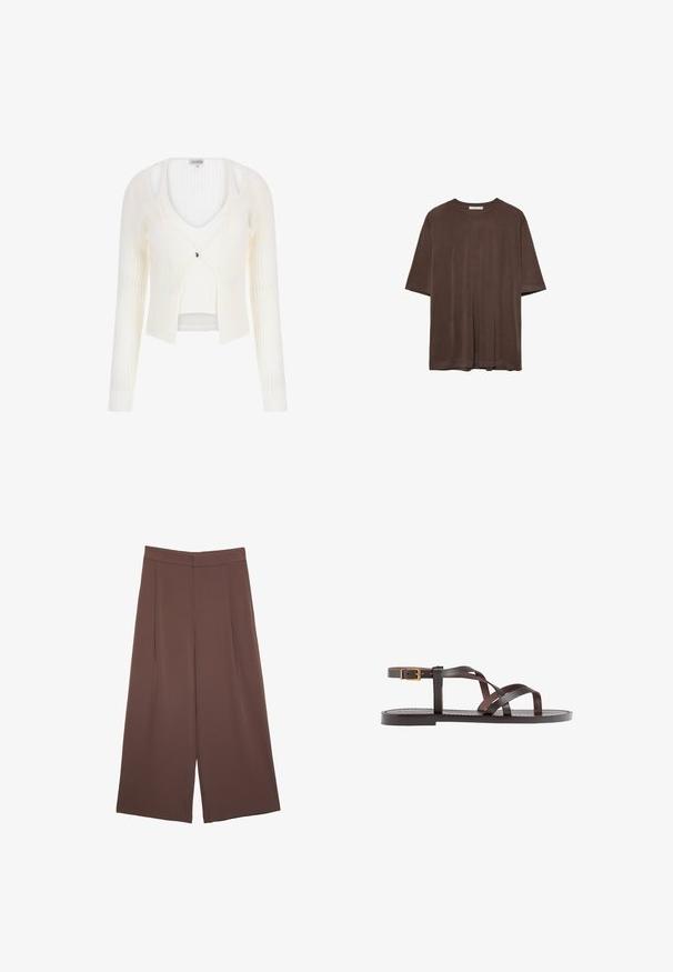 Cardigan bianco a coste con maniche lunghe, scollatura a V e chiusura frontale con un piccolo bottone. Tessuto morbido con un design crop e look a strati.; T-shirt marrone a maniche corte realizzato in tessuto morbido, con scollo rotondo e vestibilità comoda. Texture liscia senza motivi o dettagli.; Pantaloni ampi marroni con una texture liscia, caratterizzati da una vita alta e pieghe frontali. Il tessuto è leggero e scorre liberamente.; Sandal in pelle marrone con cinturini incrociati, chiusura con cinturino alla caviglia e suola piatta con dettagli di cucitura minimi.