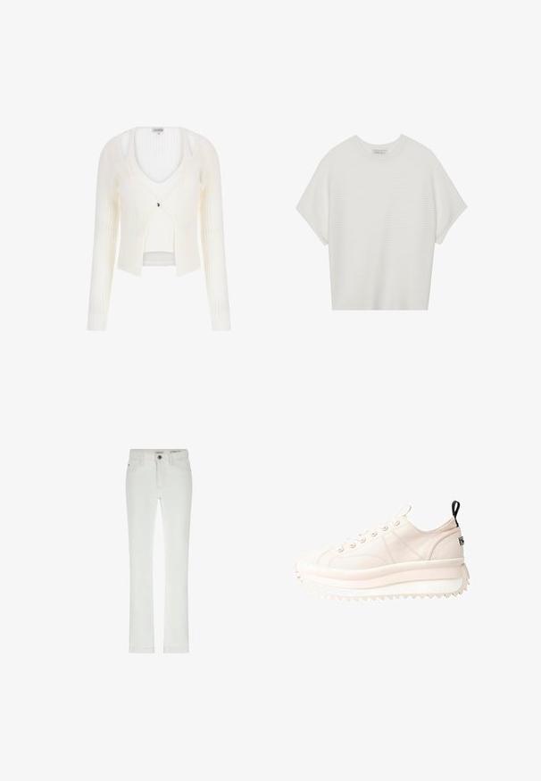 Cardigan alb cu dungi, cu mâneci lungi, de tip V la gât și un mic închizător cu buton în față. Textură moale, cu un design scurt și un aspect stratificat.; Tricou alb cu mânecă scurtă, cu guler larg și model texturat cu dungi, realizat dintr-un material moale, având o croială lejeră și un design curat.; Jeans albe cu o croială slim, design cu cinci buzunare și cusături contrastante. Include un închidere cu nasture și un eticheta discretă a brandului la talie.; Adidași cu un superior din pânză roz deschis, vârf rotund și talpă albă cu margine zimțată. Include o buclă neagră la călcâi și șireturi albe.