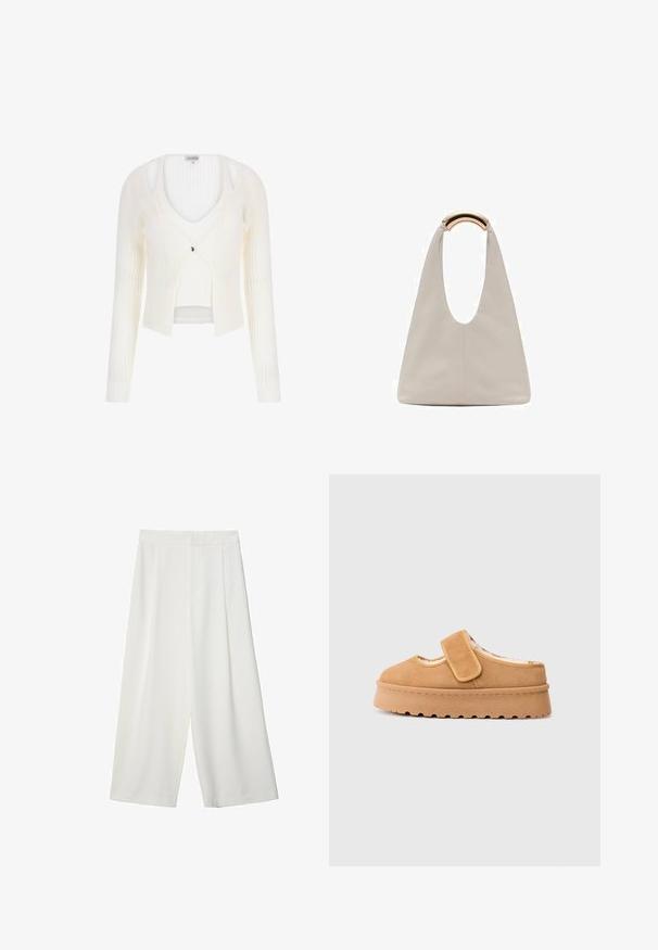 Biała prążkowana kardiganka z długimi rękawami, dekoltem w serek i małym zapięciem z przodu. Miękka tekstura, krótki fason i wygląd warstwowy.; Biała koszulka z krótkim rękawem, wykonana z bawełny. Posiada okrągły dekolt i luźny krój. Gładka faktura bez widocznych wzorów czy akcentów.; Białe, szerokie, ścięte w kroku spodnie o gładkiej fakturze, z płaskim przodem i bez widocznych zapięć lub kieszeni.; Brązowe zamszowe buty wsuwane z rzepem, okrągłym noskiem i grubą podeszwą z platformą, posiadającą teksturowany bieżnik z gumy.; Jasnoszara skórzana torba o kształcie litery U z zakrzywionym metalowym uchwytem. Gładka tekstura z minimalnymi szwami i bez widocznych wzorów.